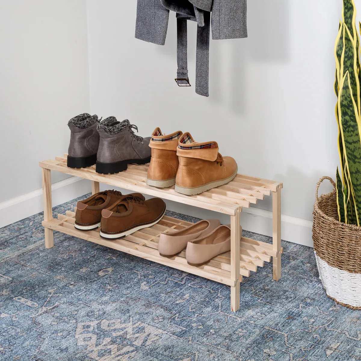 2 Tier Natural Wood Shoe Rack