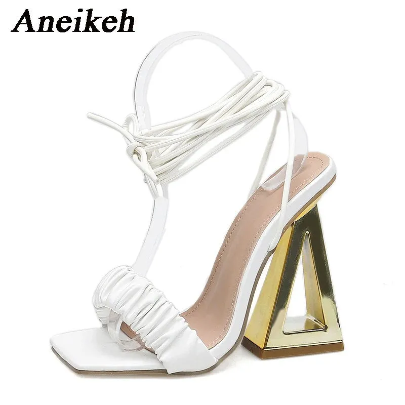 2024Fashion Strange Triangle High Heels Gladiator Sandals Women Pleated Cross Lace Up Summer Open Toe Wedding Prom Shoes