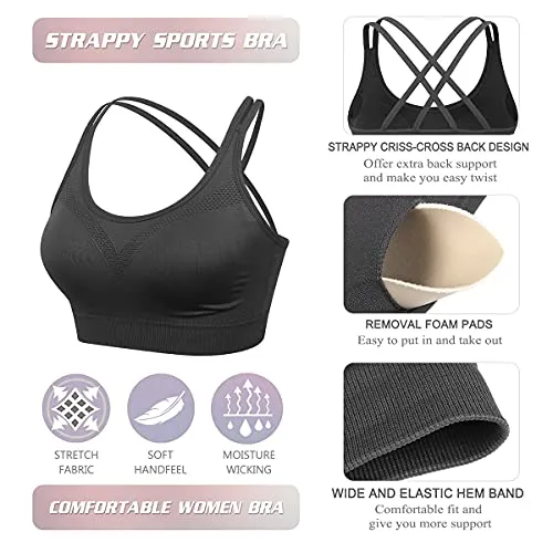 3 Pack Sports Bras for Women Medium Support Yoga Bra Strappy Cross Back Workout Tops with Removable Pads