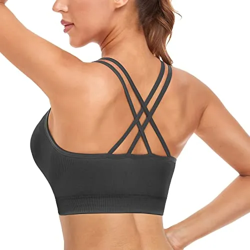 3 Pack Sports Bras for Women Medium Support Yoga Bra Strappy Cross Back Workout Tops with Removable Pads