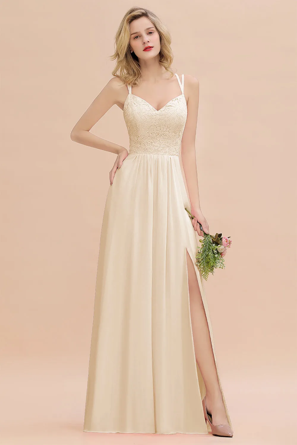 A-Line Chiffon Spaghetti Straps Sweetheart Long Bridesmaid Dress with Slit