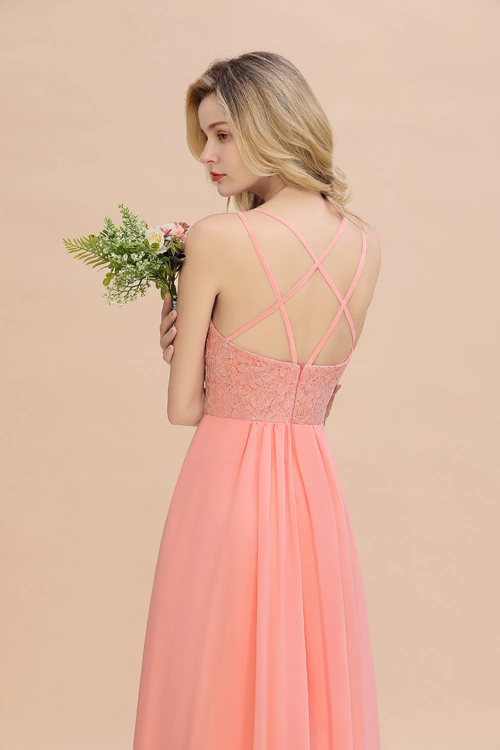 A-Line Chiffon Spaghetti Straps Sweetheart Long Bridesmaid Dress with Slit