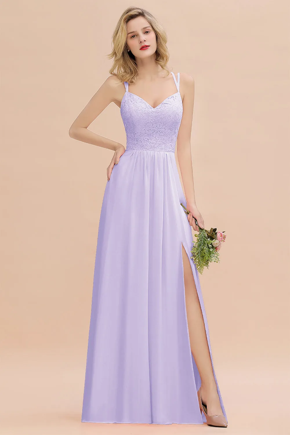 A-Line Chiffon Spaghetti Straps Sweetheart Long Bridesmaid Dress with Slit