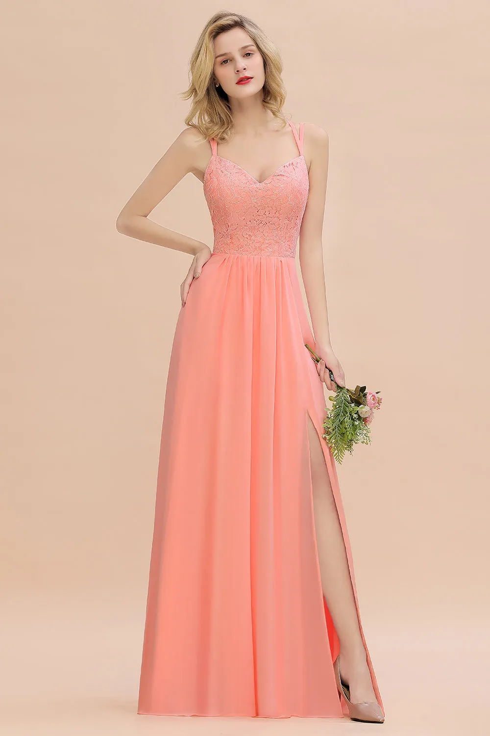 A-Line Chiffon Spaghetti Straps Sweetheart Long Bridesmaid Dress with Slit