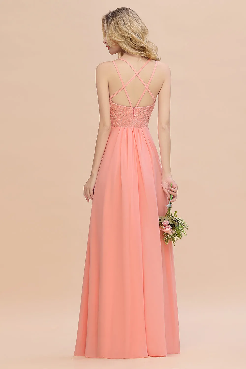 A-Line Chiffon Spaghetti Straps Sweetheart Long Bridesmaid Dress with Slit