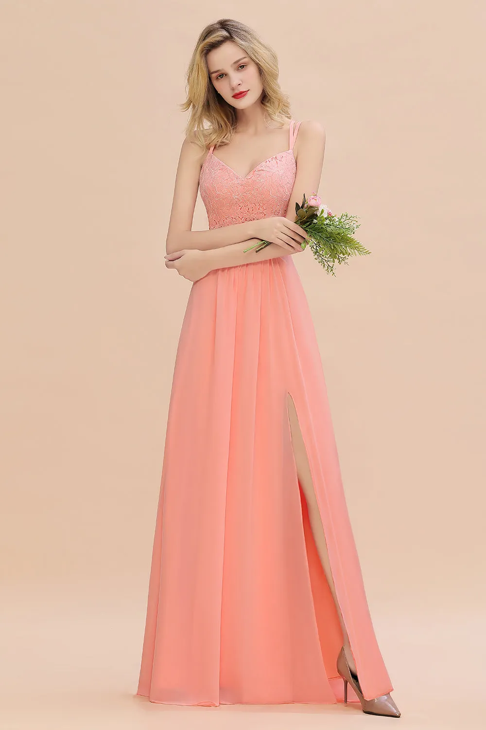 A-Line Chiffon Spaghetti Straps Sweetheart Long Bridesmaid Dress with Slit