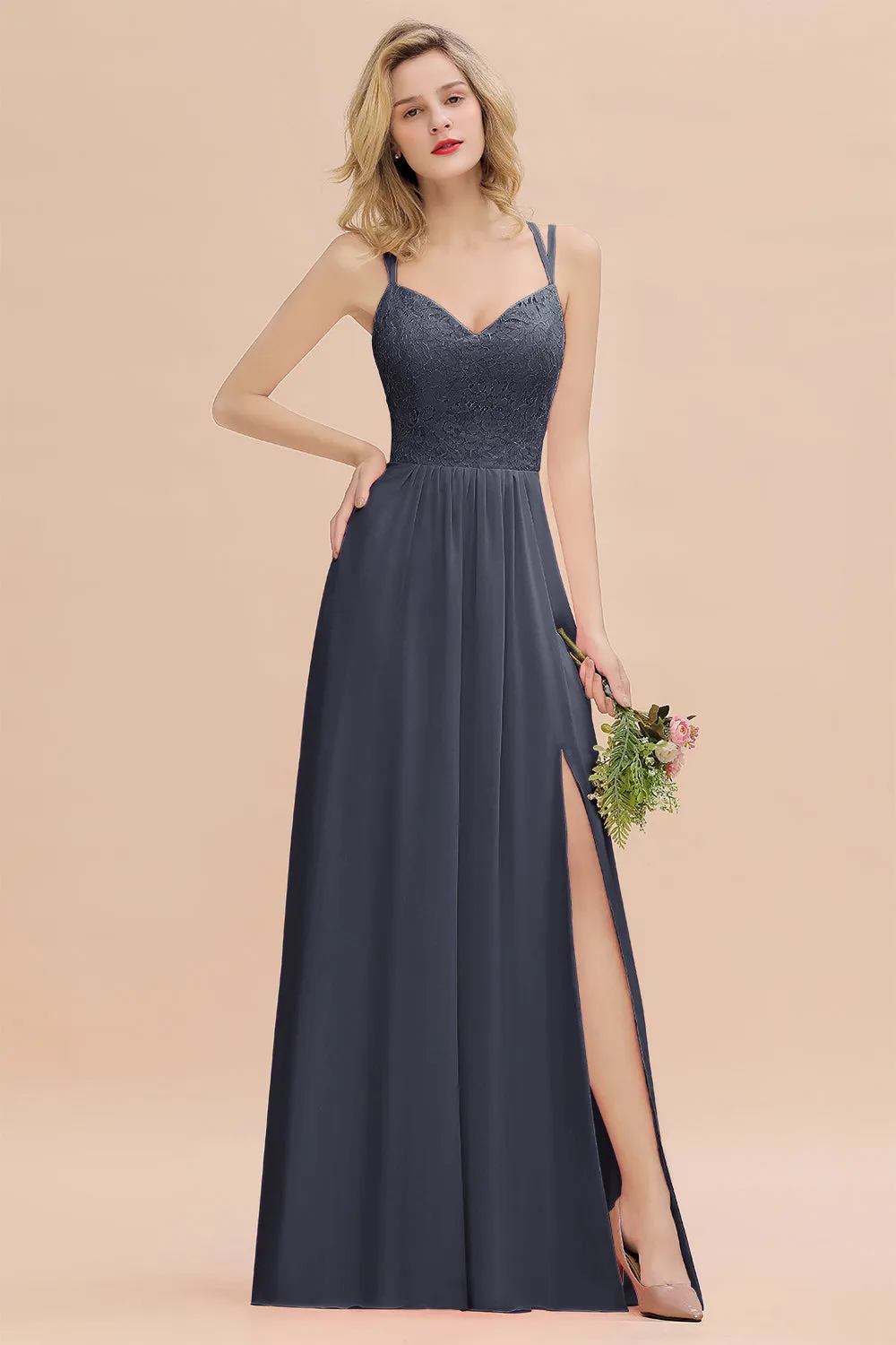 A-Line Chiffon Spaghetti Straps Sweetheart Long Bridesmaid Dress with Slit