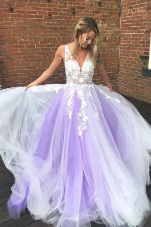 A-Line Purple Tulle V-neck Floor Length Prom Dress with White Appliques