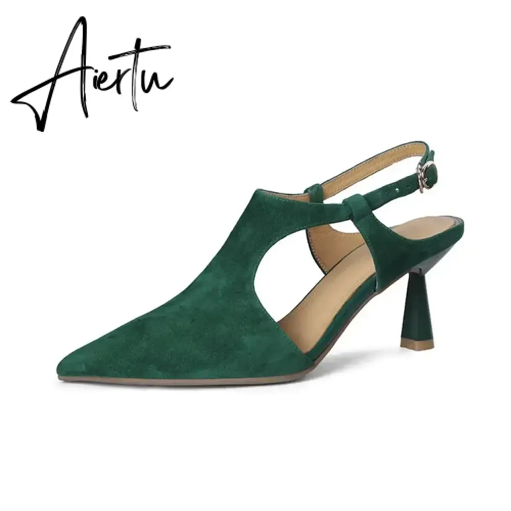 Aiertu Summer Women Shoes Pointed Toe Thin Heel Sandals Solid High Heels Elegant Sheep Suede Leather Shoes for Women Party Shoes