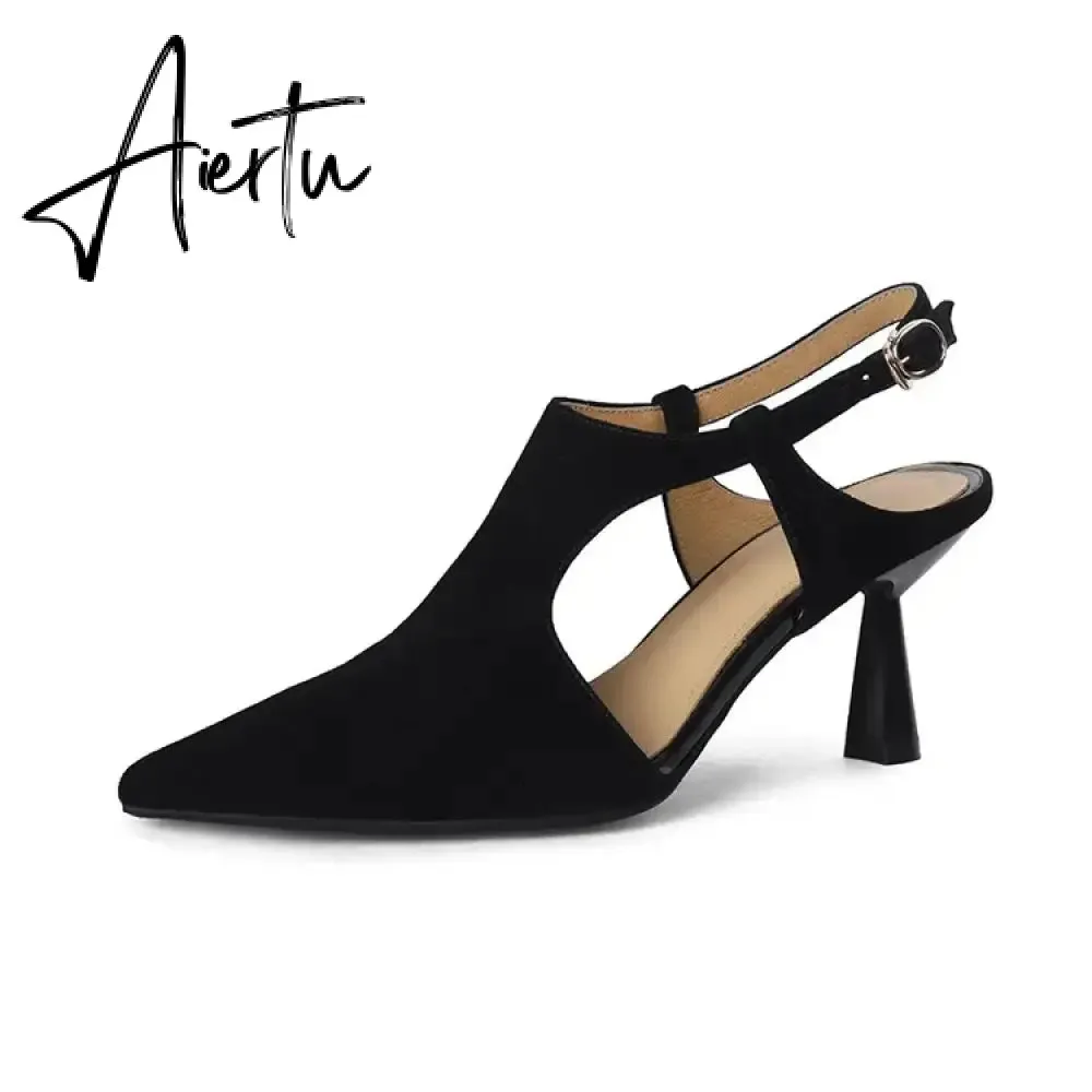 Aiertu Summer Women Shoes Pointed Toe Thin Heel Sandals Solid High Heels Elegant Sheep Suede Leather Shoes for Women Party Shoes