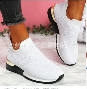 Allwanna  New Spring Knitting Socks Shoes Women 2022 Mesh Breathable Platform Sneakers Slip On Flat Casual Loafers Ladies Vulcanized Shoes