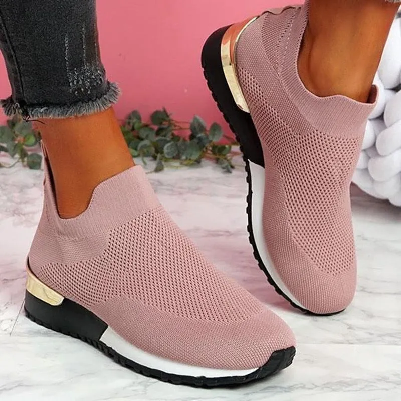 Allwanna  New Spring Knitting Socks Shoes Women 2022 Mesh Breathable Platform Sneakers Slip On Flat Casual Loafers Ladies Vulcanized Shoes