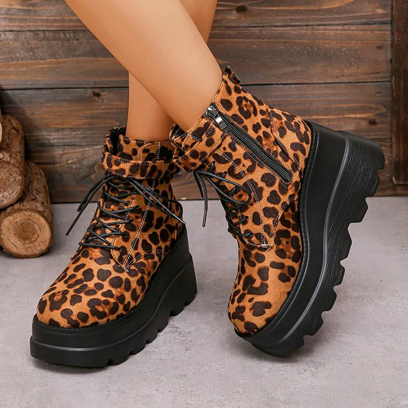 Amozae-Vintage Women Western Cowgirl Boots Fashion Leopard Print Shoes Autumn Winter Platform Wedges Heel Ladies Short Booties