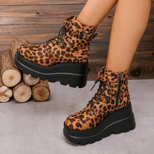 Amozae-Vintage Women Western Cowgirl Boots Fashion Leopard Print Shoes Autumn Winter Platform Wedges Heel Ladies Short Booties