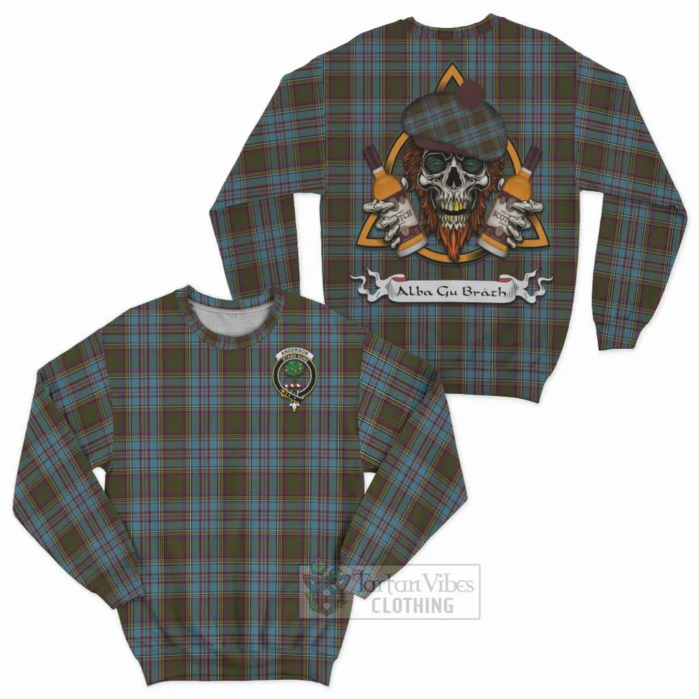 Anderson Tartan Sweatshirt with Family Crest and Bearded Skull Holding Bottles of Whiskey