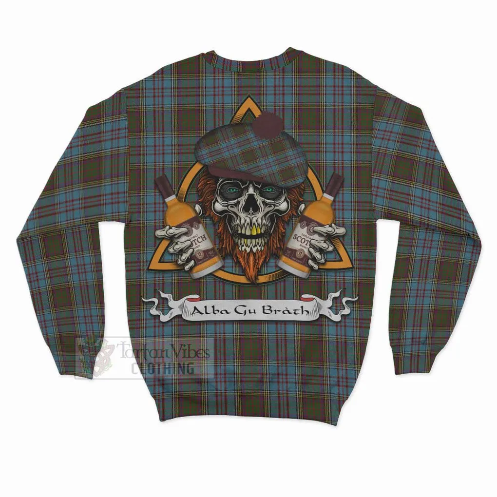 Anderson Tartan Sweatshirt with Family Crest and Bearded Skull Holding Bottles of Whiskey