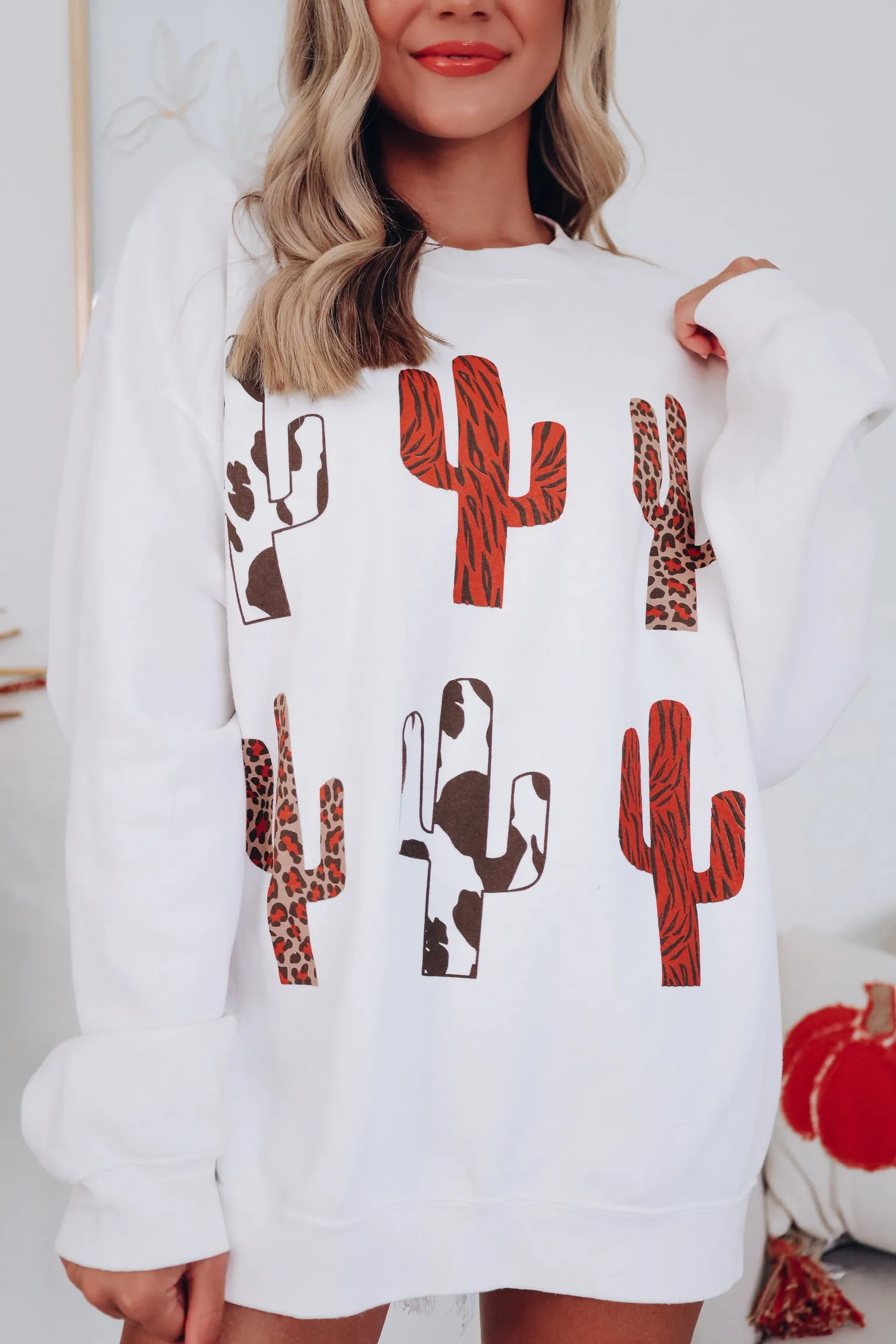 Animal Print Cactus Graphic Sweatshirt - Cream