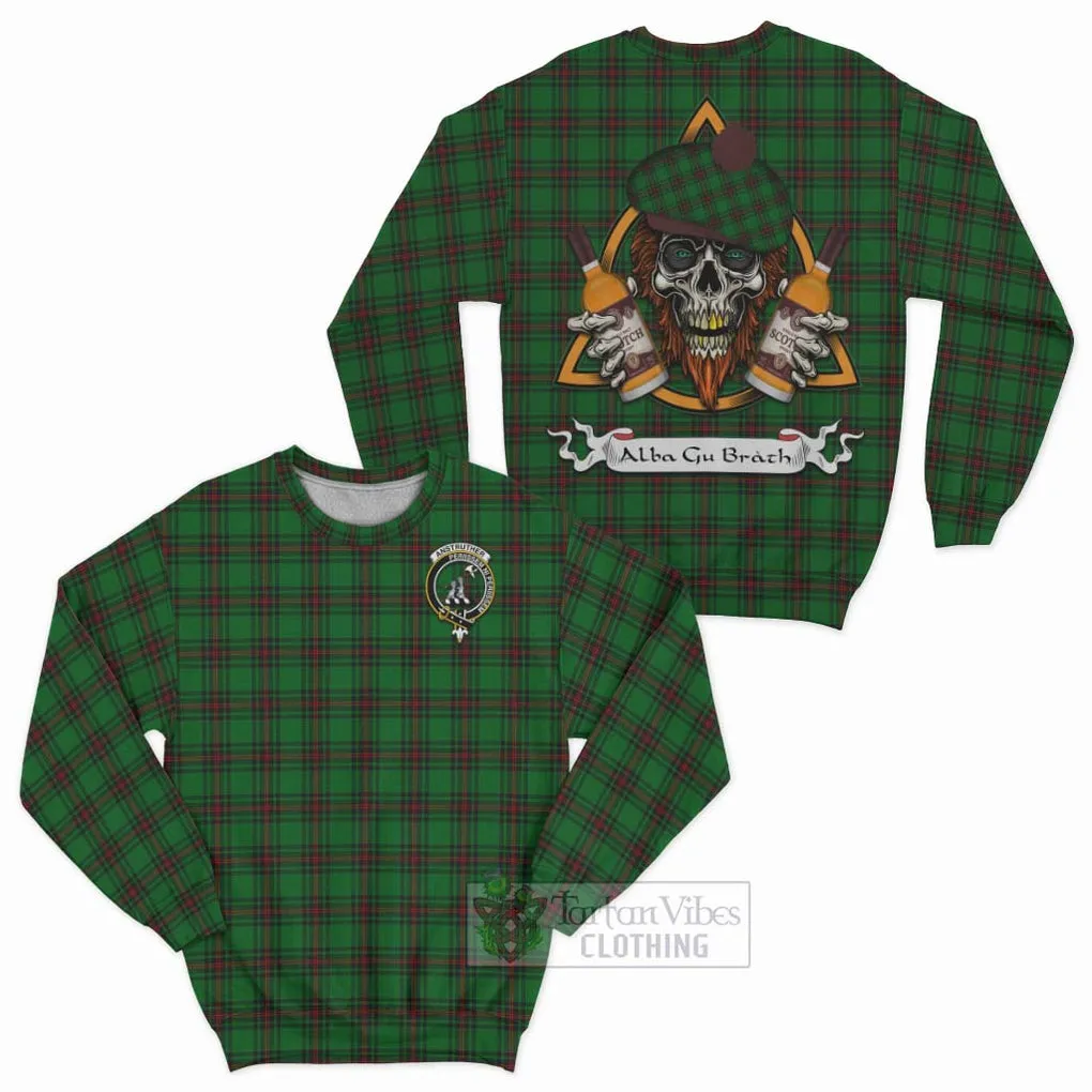 Anstruther Tartan Sweatshirt with Family Crest and Bearded Skull Holding Bottles of Whiskey