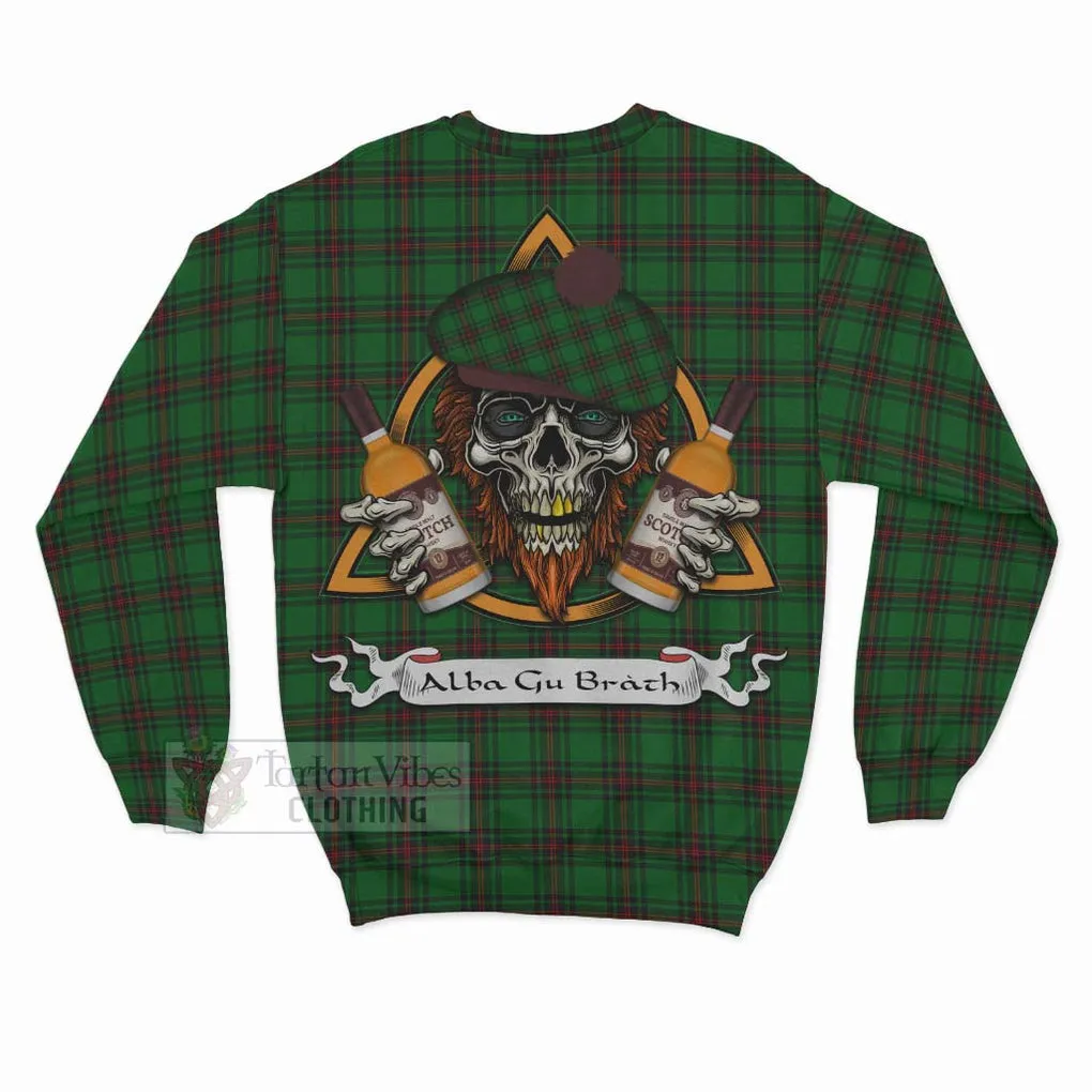 Anstruther Tartan Sweatshirt with Family Crest and Bearded Skull Holding Bottles of Whiskey