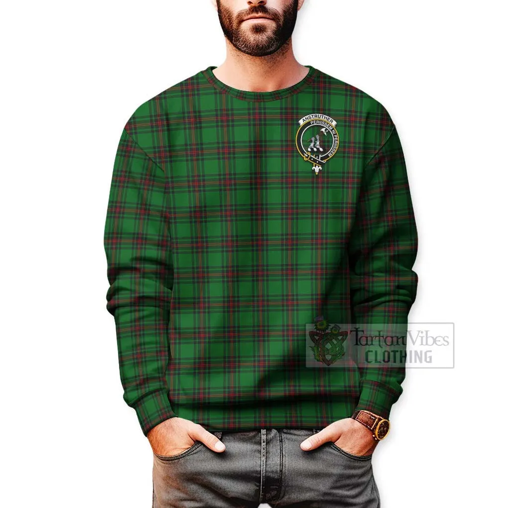 Anstruther Tartan Sweatshirt with Family Crest and Bearded Skull Holding Bottles of Whiskey