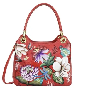 Anuschka Women’s Hand-Painted Genuine Leather Satchel With Crossbody Strap - Crimson Garden