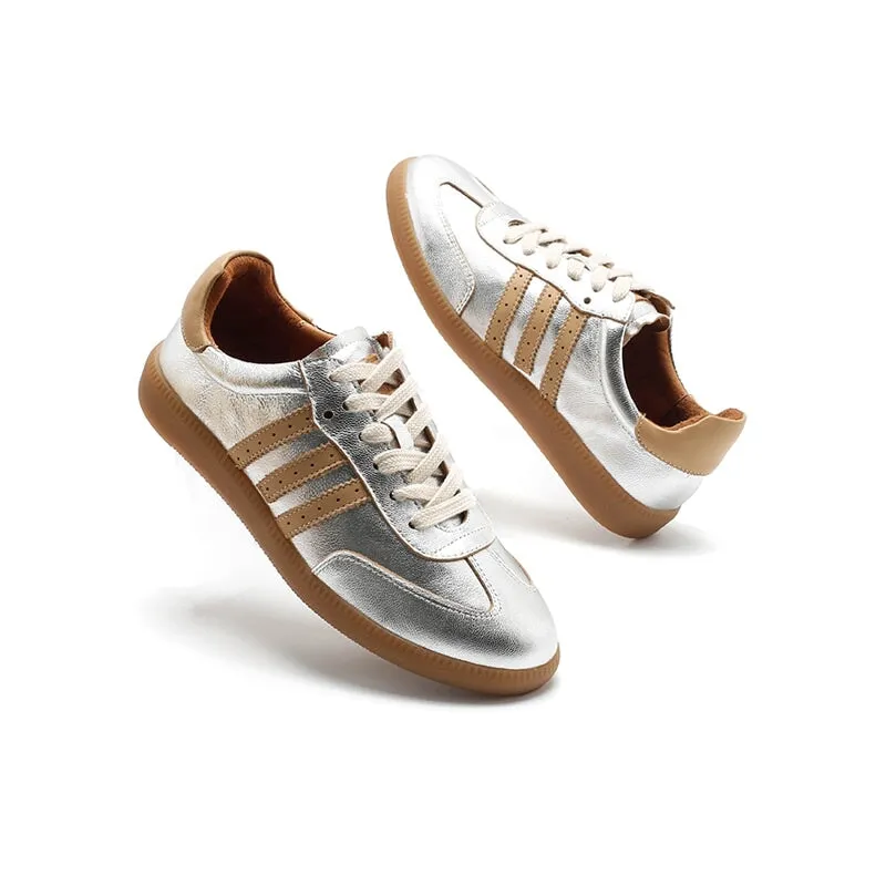 Army Trainer Leather Low-top Sneakers for Women With Stripes in Golden/Silver