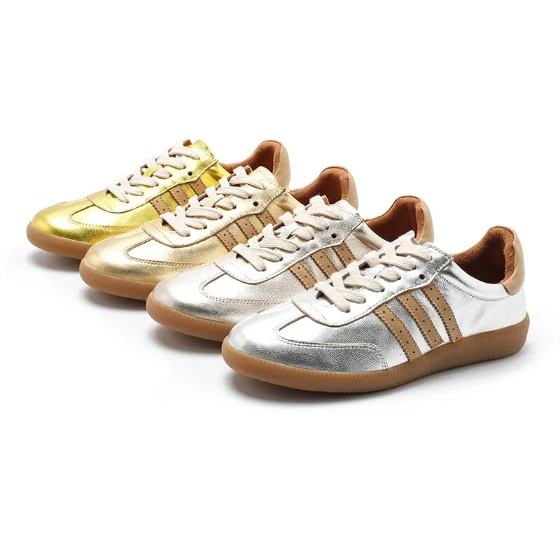 Army Trainer Leather Low-top Sneakers for Women With Stripes in Golden/Silver