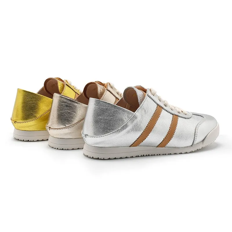 Army Trainer Leather Low-top Sneakers for Women With Stripes in Yellow/Golden/Silver