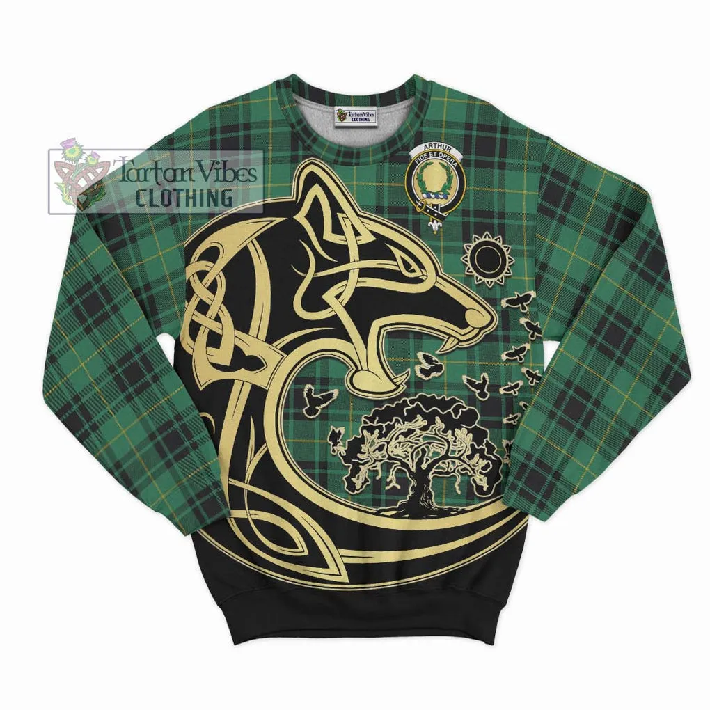 Arthur Ancient Tartan Sweatshirt with Family Crest Celtic Wolf Style