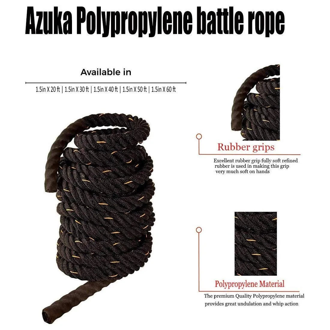 AZUKA® Ultimate Fitness Strength Training Battle Rope 1.5inch 60ft (Black Yellow),Weight-12.5kg   Free Surprise Poster Inside