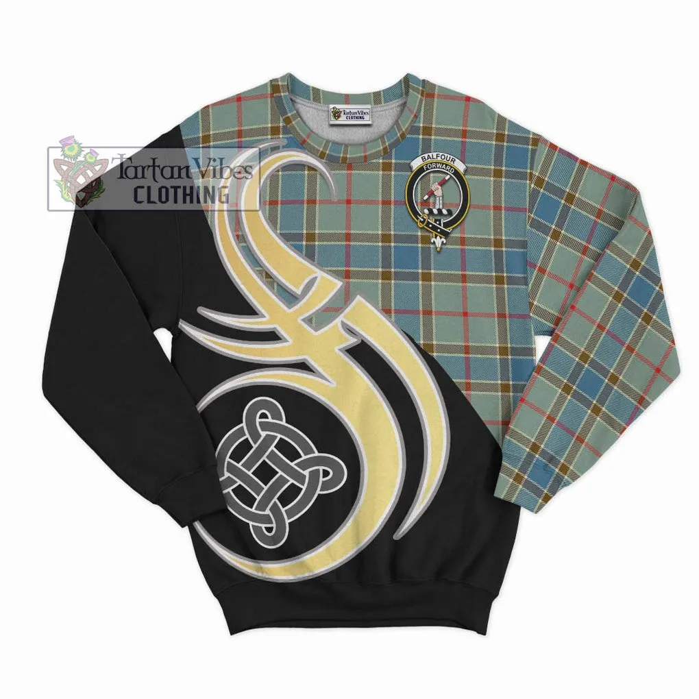 Balfour Blue Tartan Sweatshirt with Family Crest and Celtic Symbol Style