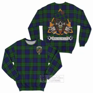 Bannatyne Tartan Sweatshirt with Family Crest and Bearded Skull Holding Bottles of Whiskey