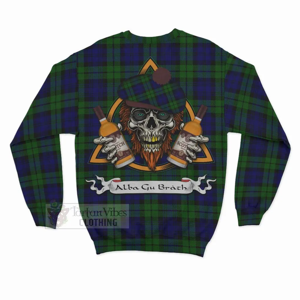 Bannatyne Tartan Sweatshirt with Family Crest and Bearded Skull Holding Bottles of Whiskey