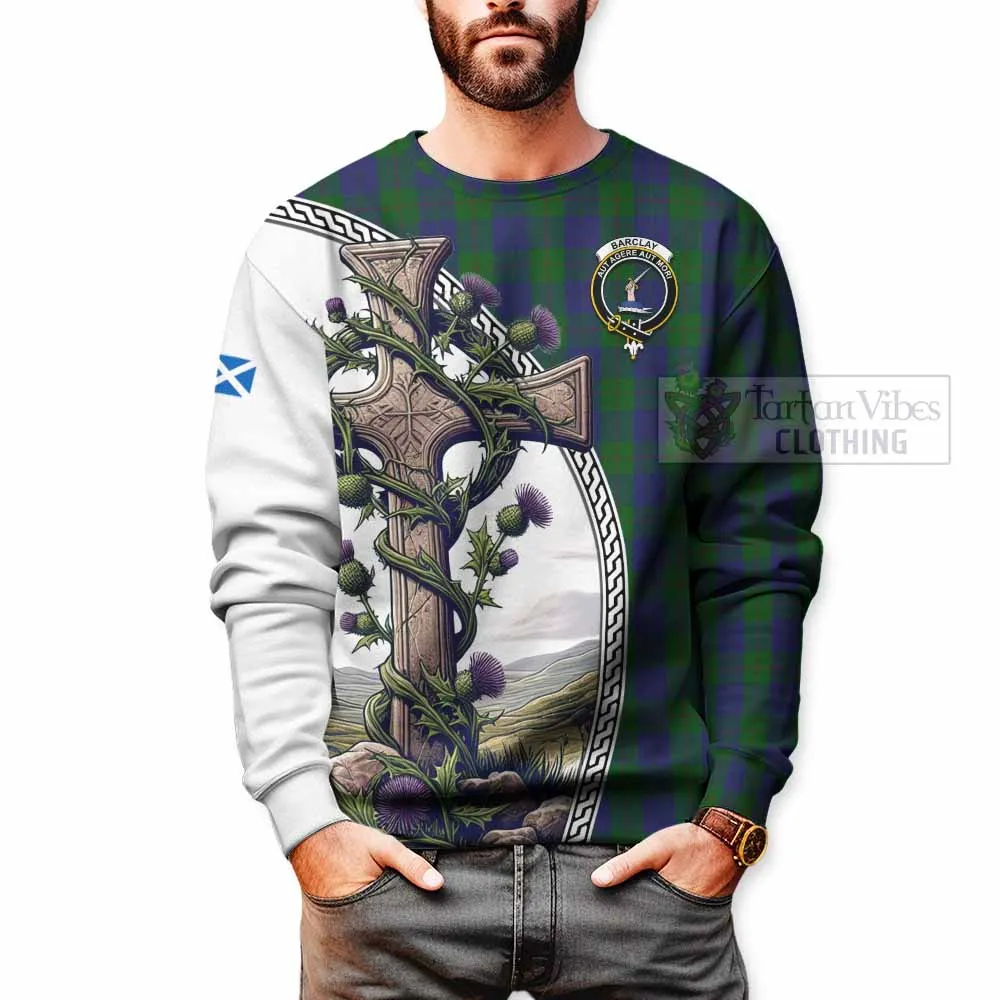 Barclay Tartan Sweatshirt with Family Crest and St. Andrew's Cross Accented by Thistle Vines