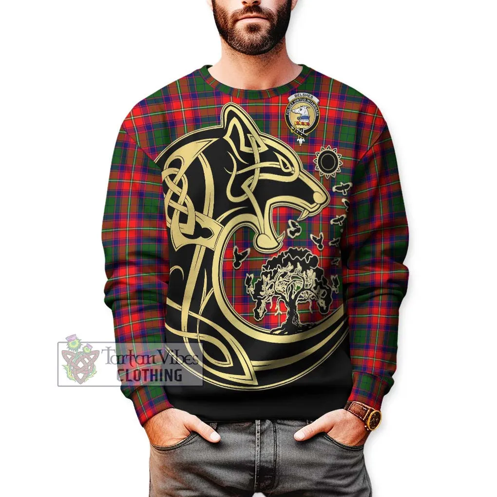 Belshes Tartan Sweatshirt with Family Crest Celtic Wolf Style