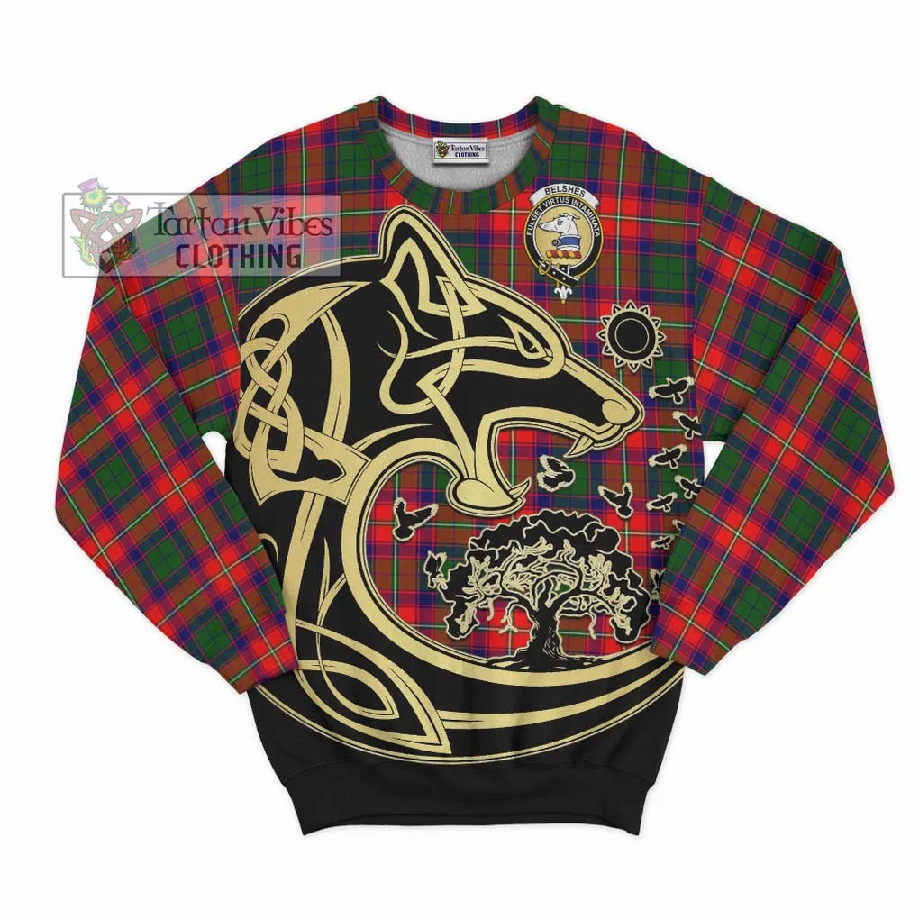 Belshes Tartan Sweatshirt with Family Crest Celtic Wolf Style