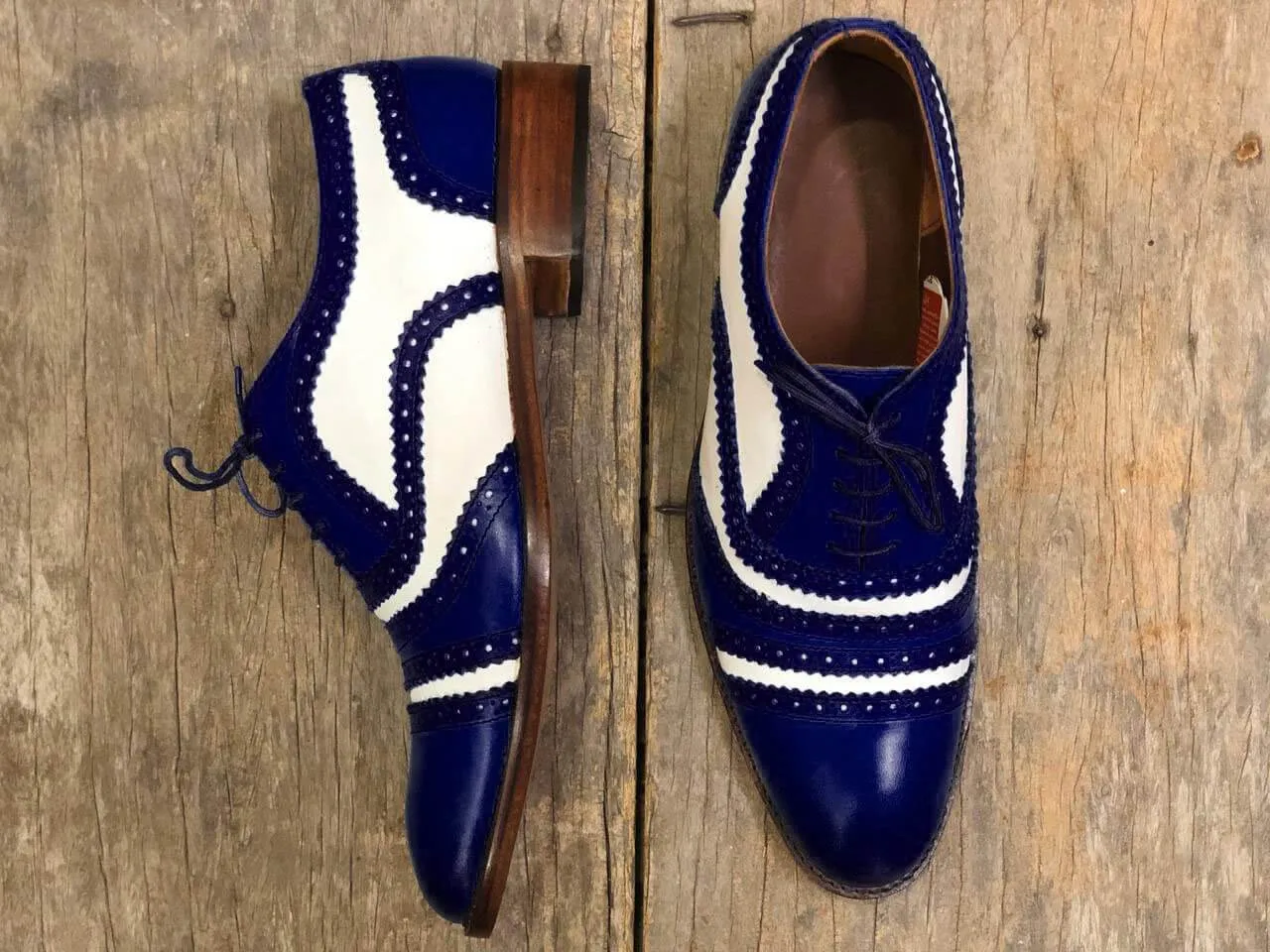 Bespoke Blue & White Leather Cap Toe,Lace Up Shoe for Men