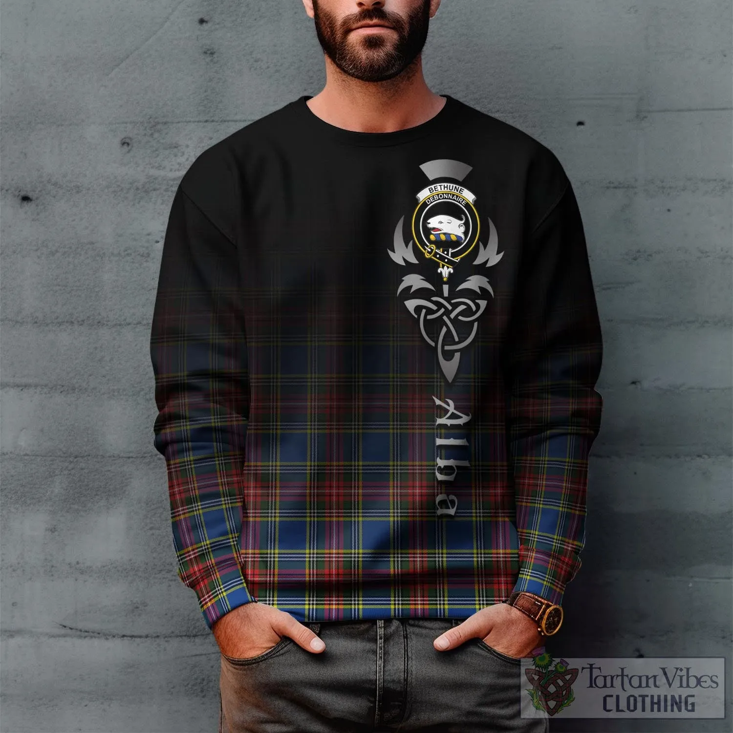 Bethune Tartan Sweatshirt Featuring Alba Gu Brath Family Crest Celtic Inspired