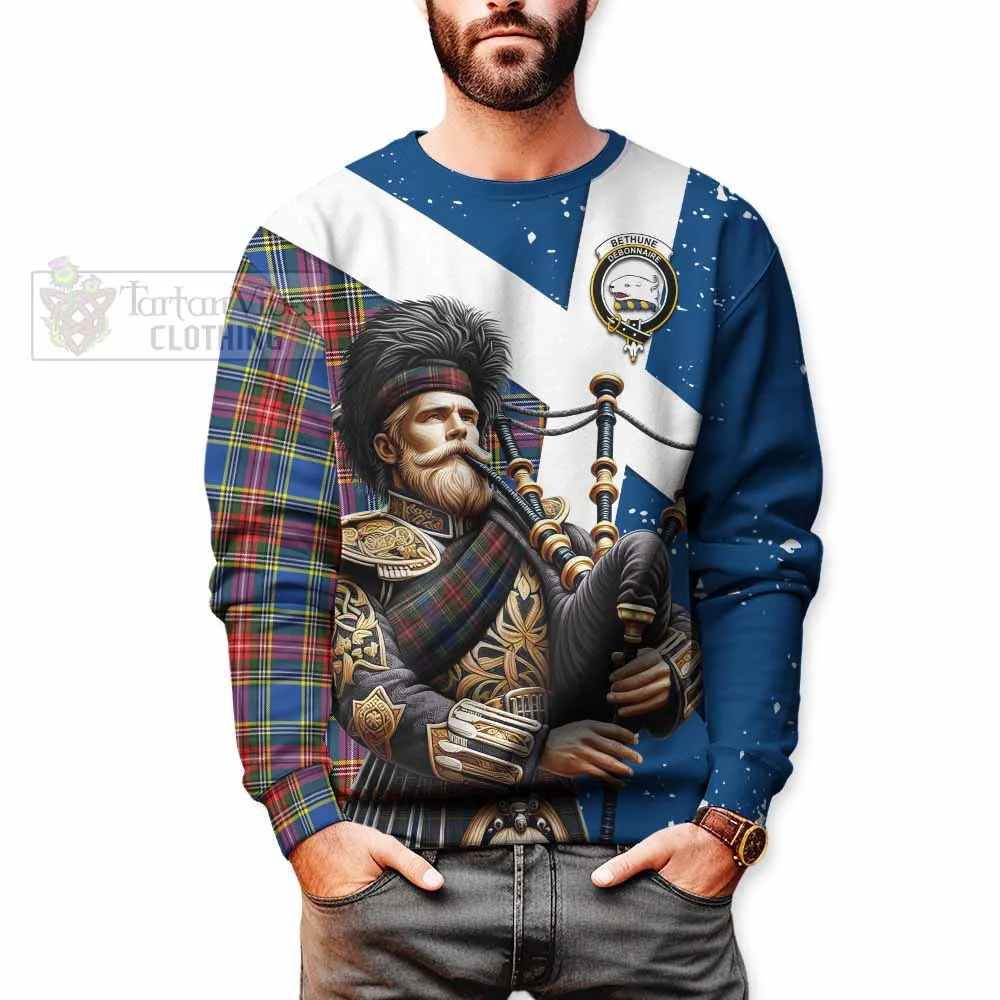 Bethune Tartan Sweatshirt with Family Crest Scottish Bagpiper Vibes