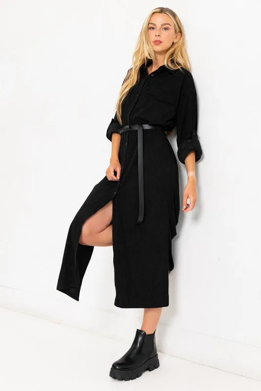 Black Corduroy Roll Up Sleeve Shirt Dress With Belt