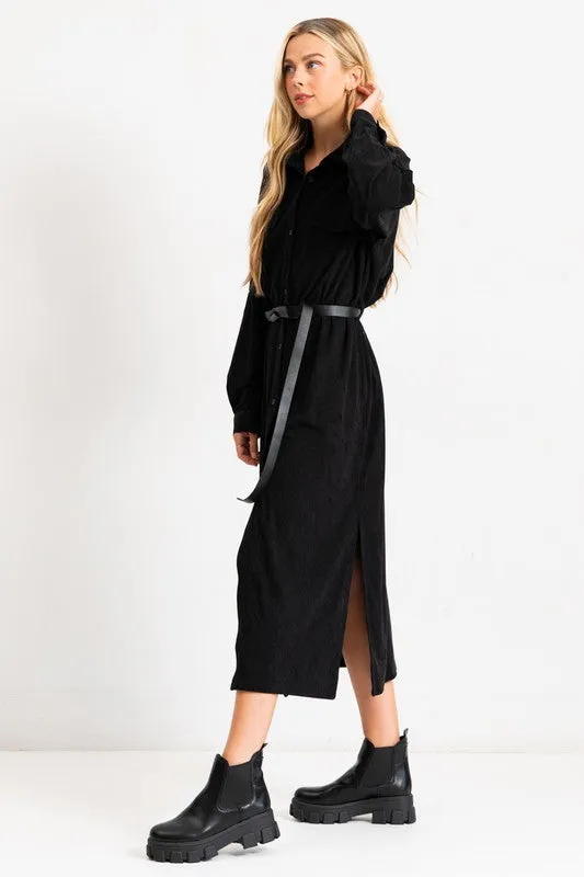 Black Corduroy Roll Up Sleeve Shirt Dress With Belt