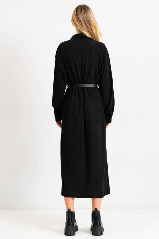 Black Corduroy Roll Up Sleeve Shirt Dress With Belt