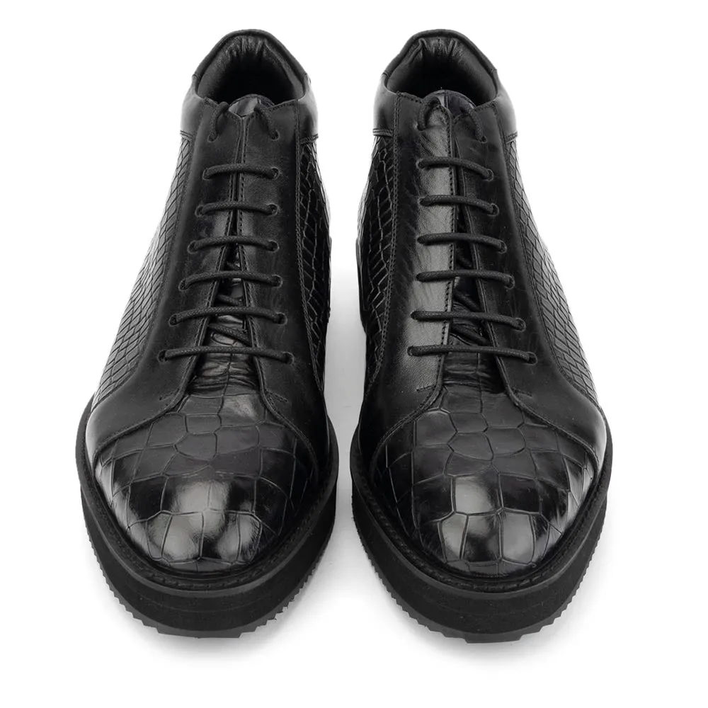 Black Croco Mirror Glossed High Top Sneakers with Platform Sole