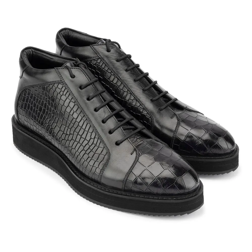 Black Croco Mirror Glossed High Top Sneakers with Platform Sole