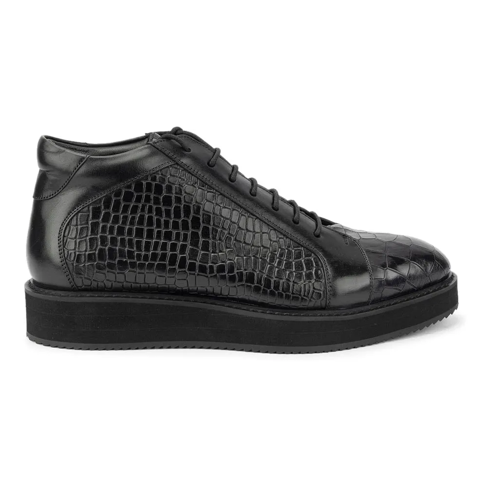 Black Croco Mirror Glossed High Top Sneakers with Platform Sole