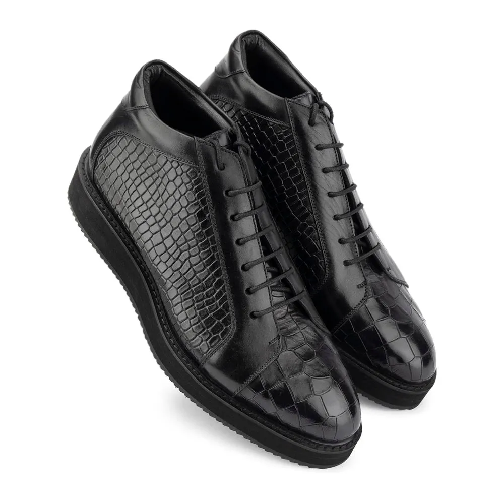 Black Croco Mirror Glossed High Top Sneakers with Platform Sole