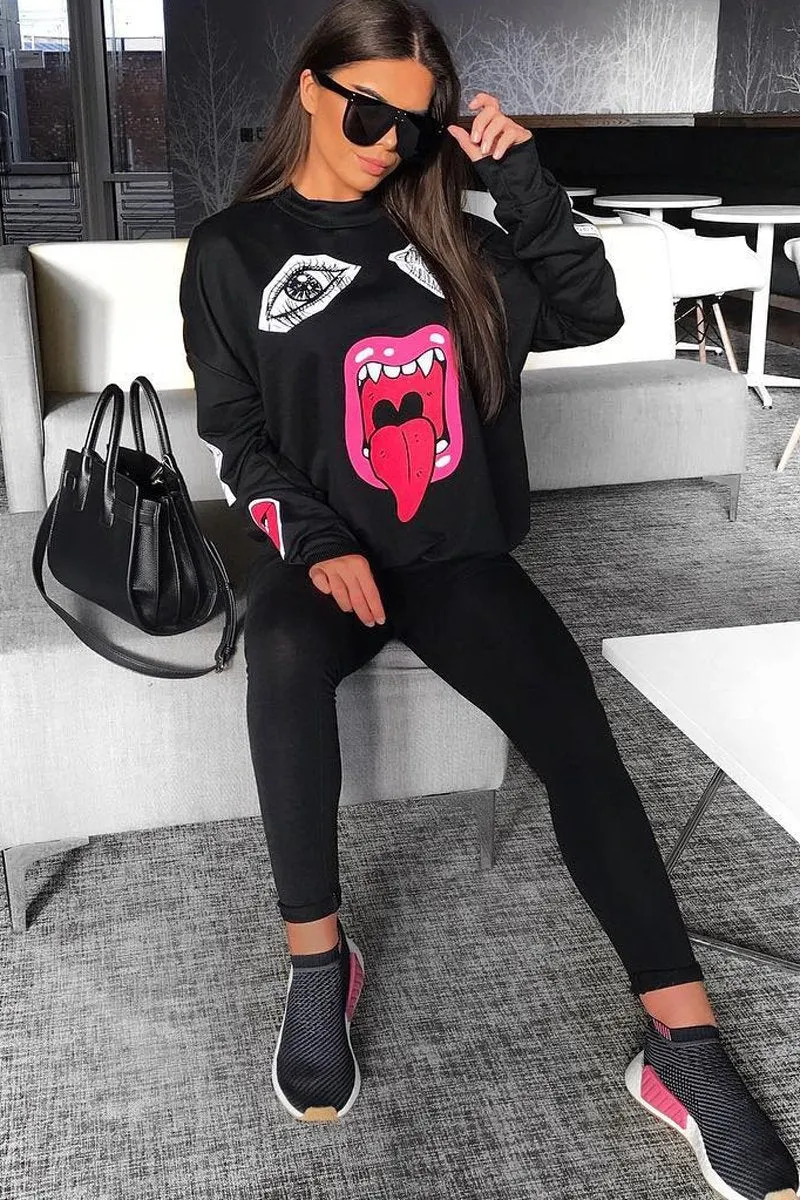 Black Eyes Lips Printed Sweatshirt - Beckie