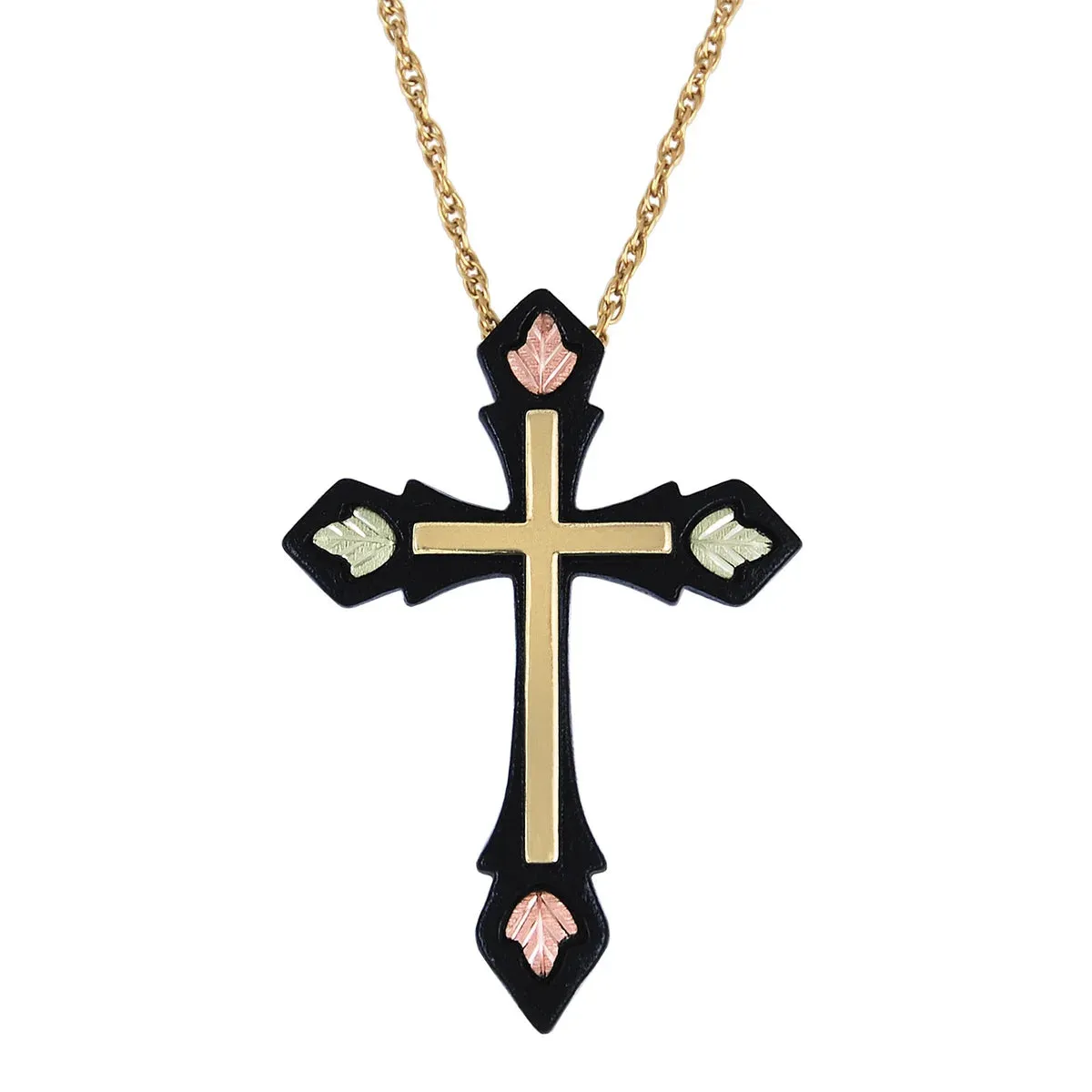 Black Hills Gold Black Powder Coated Cross with Inlayed Gold Cross & 12K Rose & Green Leaves