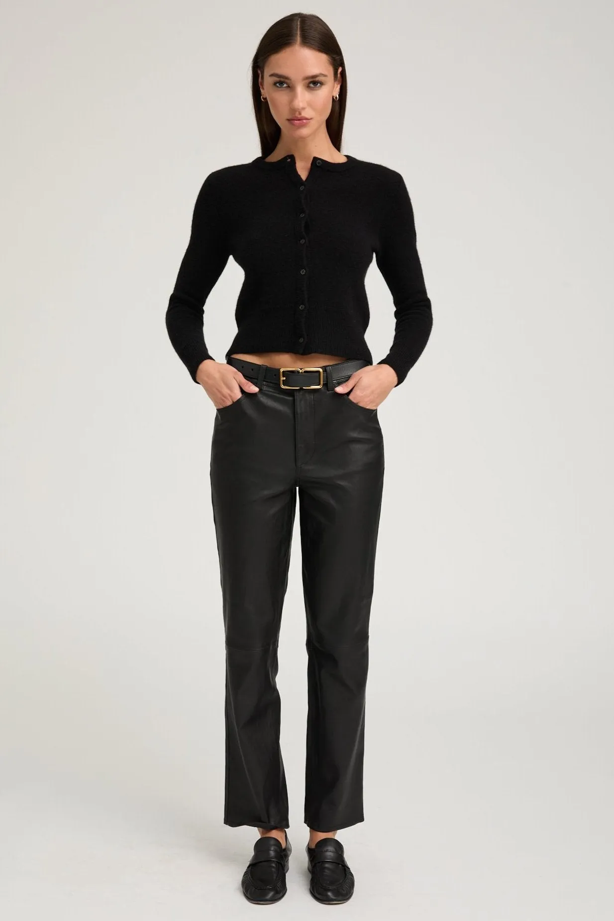 Black Leather 5 Pocket Ankle Slim Straight