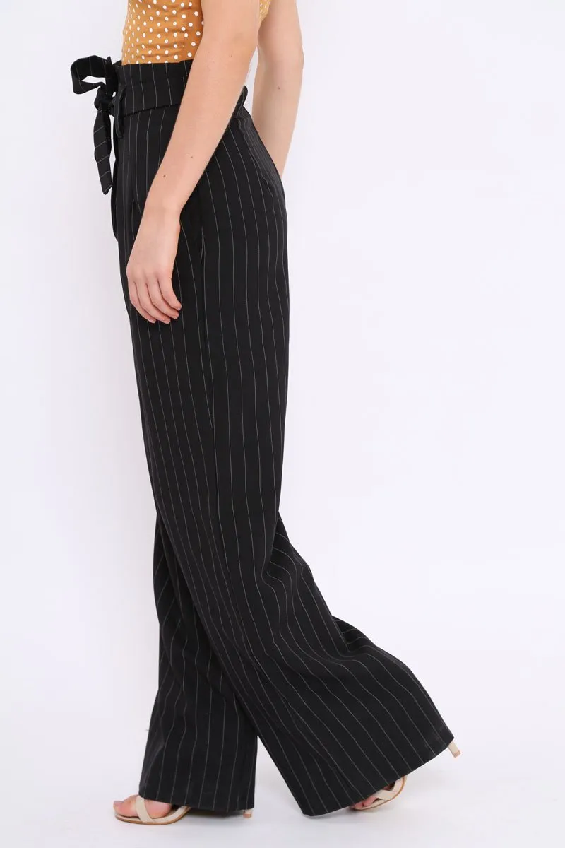 Black Pinstripe High Waist Tailored Trousers - Ginni